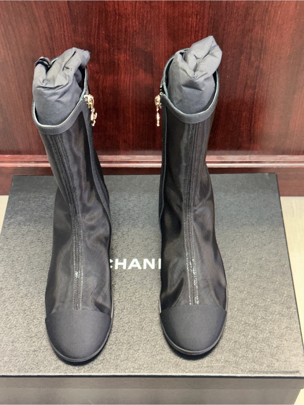 Chanel Black Mesh & Gross Grain Short Boots